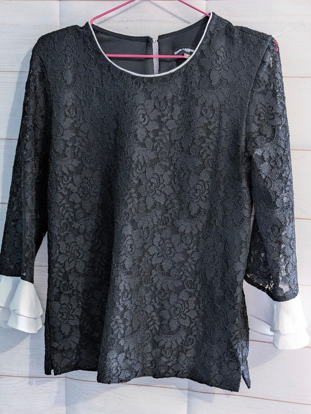 Karl Lagerfeld Black Lace Blouse with White Trim and Cuff Ruffles Size Small